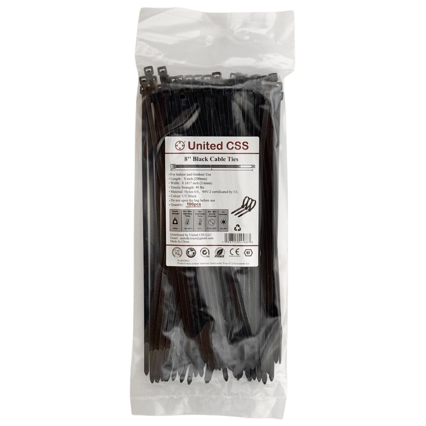 Cable Zip Ties 8inch 40lbs Black 100pcs