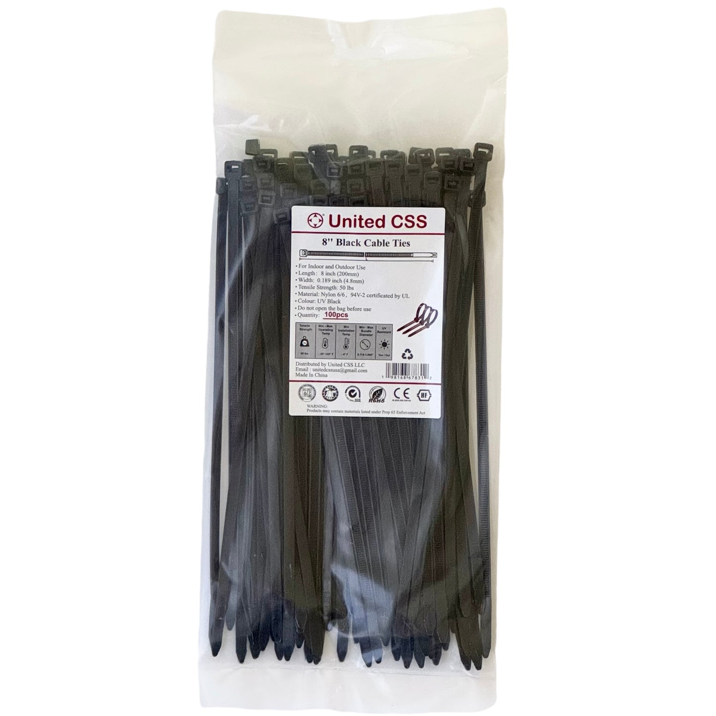 Cable Zip Ties 8inch 50lbs Black 100pcs