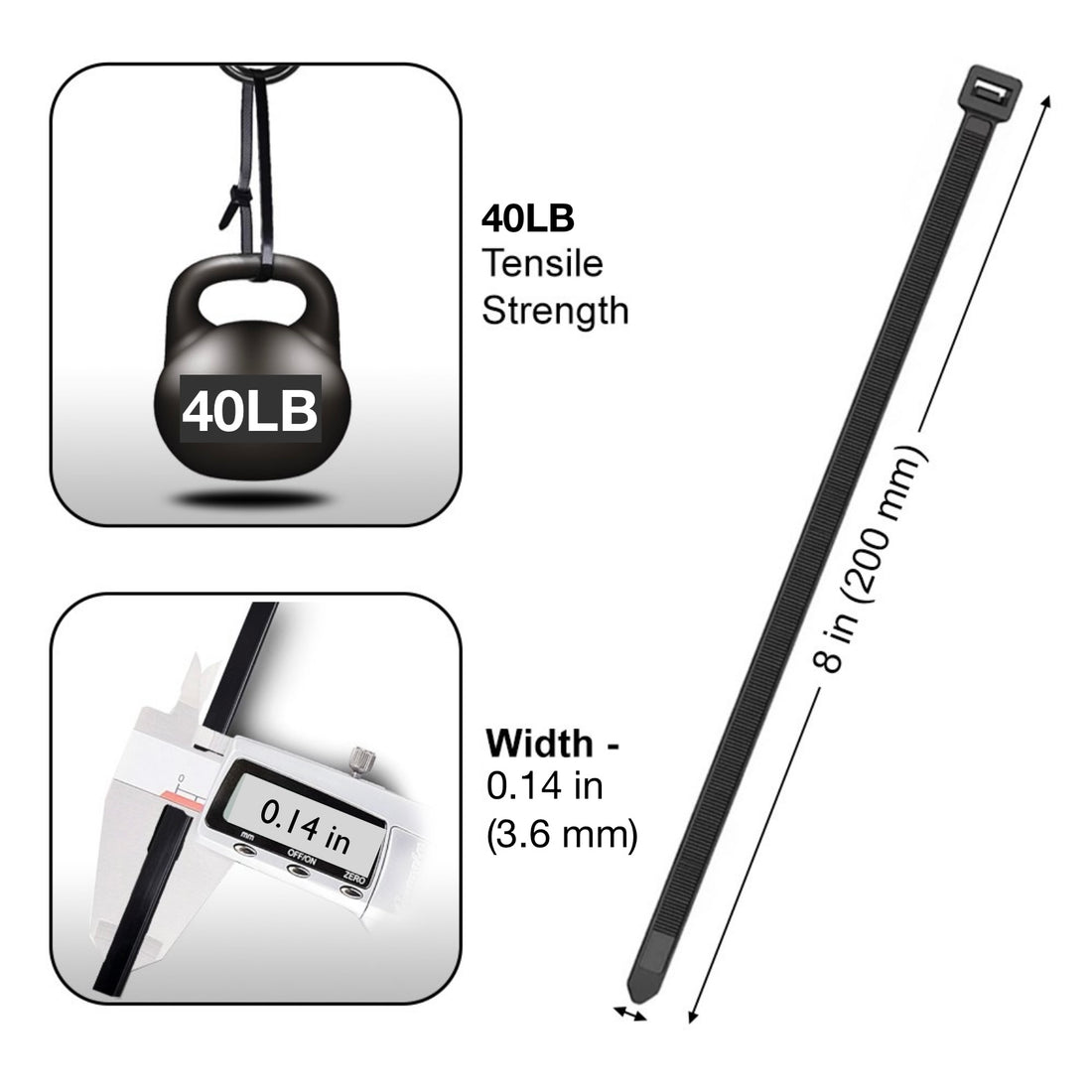 Cable Zip Ties 8inch 40lbs Black 100pc