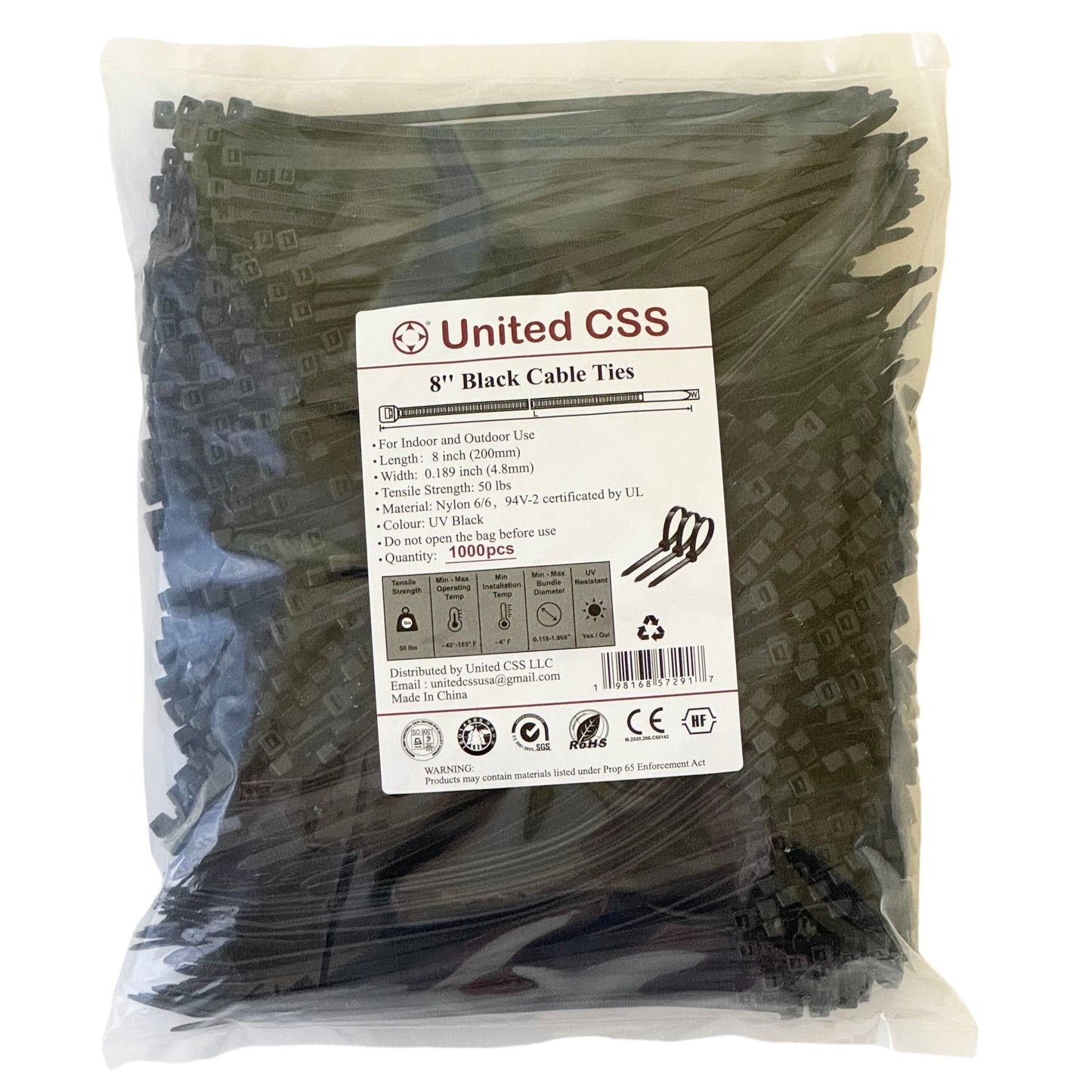 Cable Zip Ties 8inch 50lbs Black 1000pcs