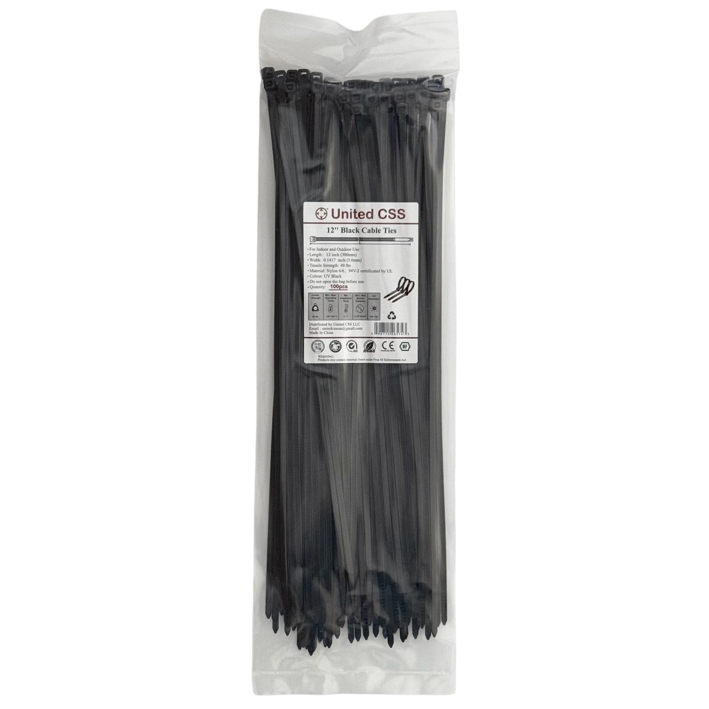 Cable Zip Ties 12inch 40lbs Black 100pcs