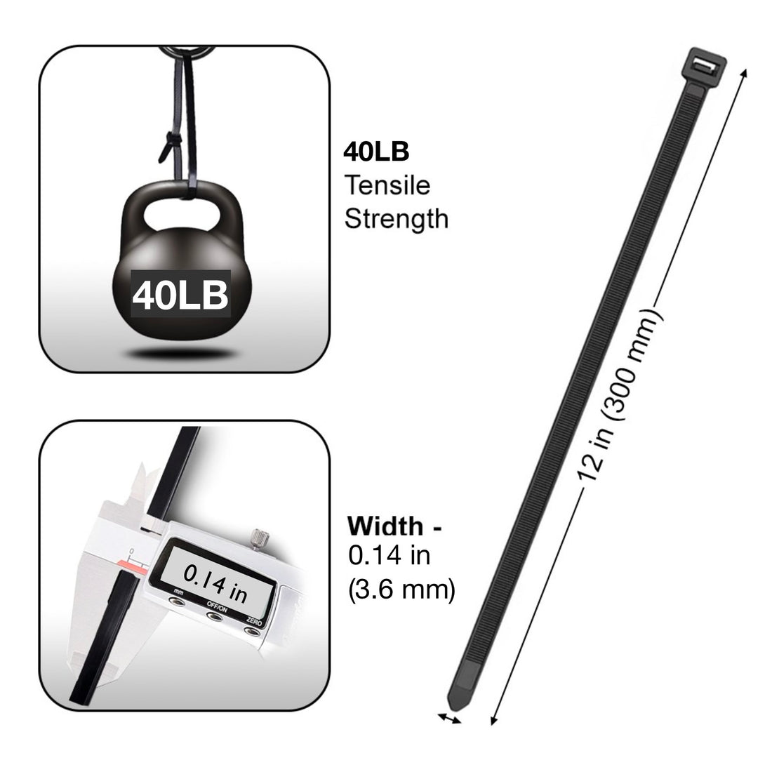 Cable Zip Ties 12inch 40lbs Black 100pc